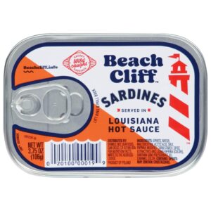 Beach Cliff Wild Caught Sardines, 3.75 oz Can - 18g Protein per Serving - Gluten Free, Keto Friendly - Great for Pasta & Seafood Recipes - Louisiana Hot Sauce