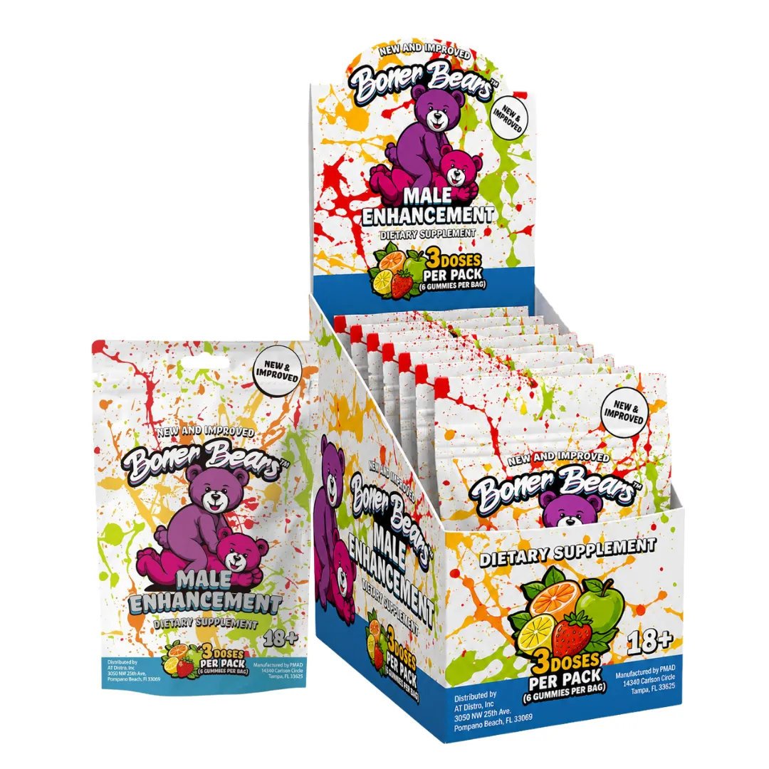 Retail display of Boner Bears Male Enhancement dietary supplement packets with purple bears and colorful splash design.