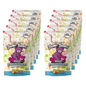 Two sets of colorful 'Bone Bears' male enhancement supplement packets with a purple bear and pink cub on a splattered paint background.