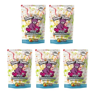 Six packages of Boner Bears male enhancement dietary supplement, purple bear mascot on a colorful splatter background (six-pack display).
