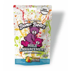 Colorful product pouch for 'Bone Bears' male enhancement dietary supplement, featuring two cartoon bears and bold text like 'Male Enhancement' and '3 Doses per Pack' (18+).