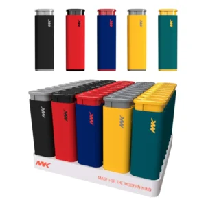 Row of tall, rectangular lighters in black, red, blue, yellow, and teal with the NK logo on each.