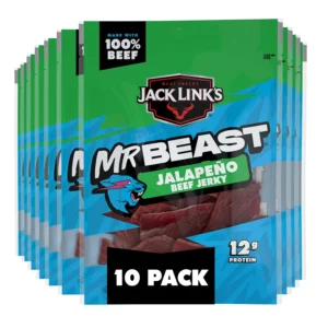 Jack Link's MR BEAST Jalapeño Beef Jerky 10-pack product packaging with green and blue design