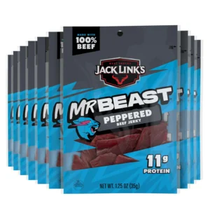 Jack Link's Mr. Beast Peppered Beef Jerky packs stacked, showing 11g protein per serving and blue-black packaging.
